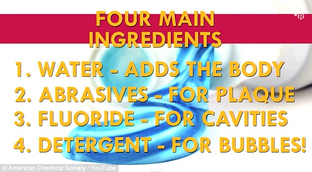 Toothpaste has four main ingredients, which give the paste its consistency (pictured). Water adds body, abrasives help get rid of plaque, fluoride prevents cavities and detergent makes it lather or bubble